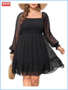 Plus Size Swiss Dot Smocked Chiffon Mini Dress Puff Sleeve